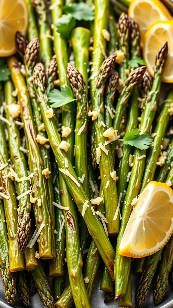 Roasted garlic parmesan asparagus on a platter, garnished with parsley and lemon wedges.